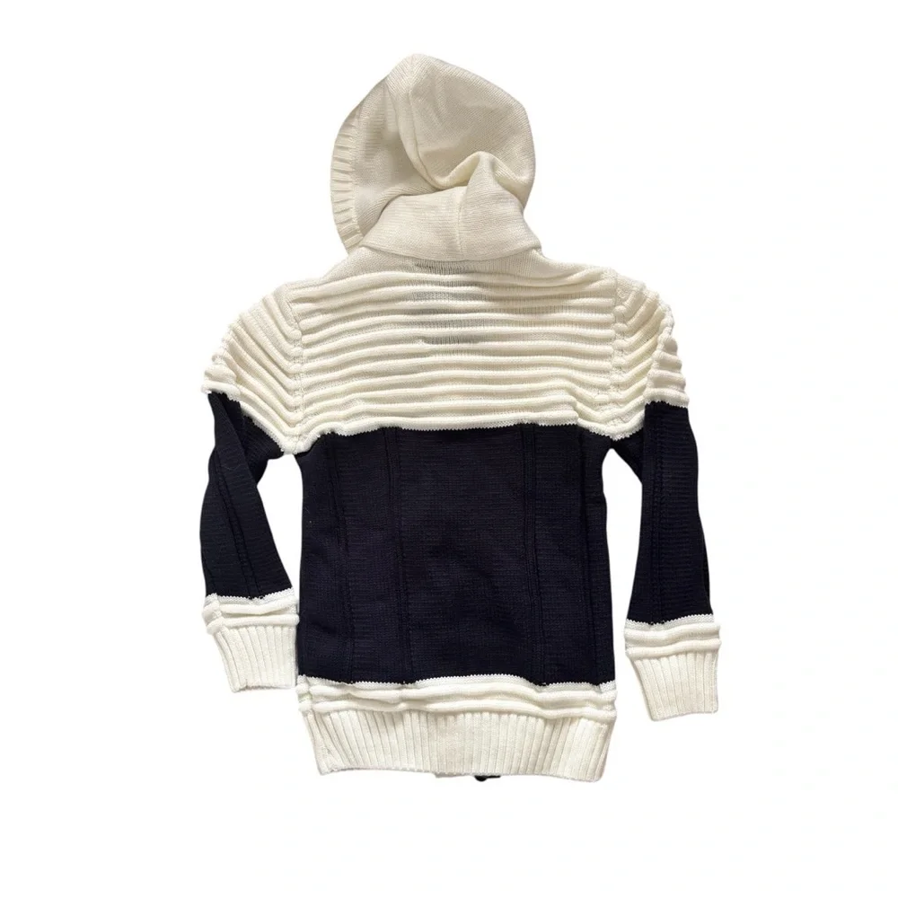 Black Pharaoh men’s heavy knit white black zip wool toggle hoodie sweater Sz M
